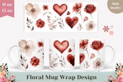 Red Love Hearts Mug Wrap, Watercolor Flowers Mug Template Product Image 1