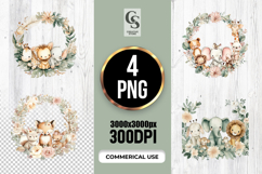 Cute Watercolor Baby Animal Wreath Clipart Sublimation PNG Product Image 1