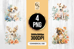 Watercolor Floral Puppies Clipart Sublimation PNG Product Image 1