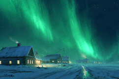 Northern Lights Winter Village Landscape Artwork Product Image 1