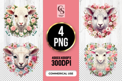 Cute Baby Lamb With Floral Wreath Clipart Sublimation PNG Product Image 1