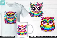 Cute Rainbow Owl Watercolor clipart, print design PNG Product Image 2