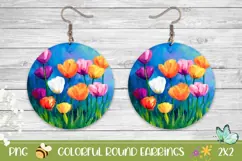 Floral Earrings PNG, Colorful Tulips Round Earrings Template Product Image 1