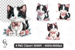 Cute Black and White Kitten with Pink Bow Floral Cat Clipart Product Image 1