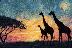 Van Gogh Style African Sunset Giraffe Silhouette Art Product Image 1