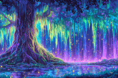 Magical Neon Fantasy Forest Glowing Tree Background Product Image 1