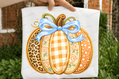 Blue Bow Pumpkin SVG PNG Floral Patchwork Fall Pumpkin PNG Product Image 1