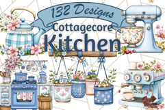 Blue Cottagecore Kitchen Clipart, Vintage Country Floral Png Product Image 1