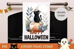 Happy Halloween Towel Design, Watercolor Cat Towel Template Product Image 1