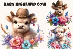 Highland Cow Floral, Spring Flowers Watercolor Clipart Product Image 1