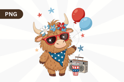 4th of July Highland Cow PNG Sublimation Design Product Image 1