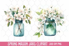 Flower Mason Jar Clipart, Watercolor Mason Jar Sublimation Product Image 1