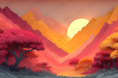 Sunset Mountain Landscape with Vibrant Red Trees Art Product Image 1