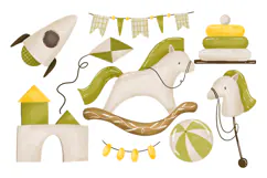 Hand Drawn Baby Toys. Toy Horse, Castle, Rocket Product Image 1