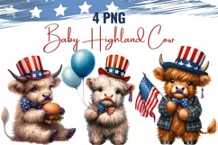 Watercolor Patriotic Highland Cows, 4th Of July Highland Cow Product Image 1