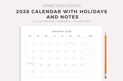 2028 Monthly Calendar with Holidays &amp; Notes, Printable Product Image 1