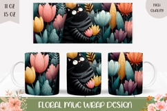 Cartoon Black Cat Mug Wrap, Floral Mug Sublimation Product Image 1