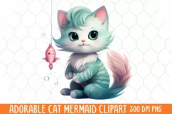 Adorable Cat Mermaid Clipart, Watercolor Clipart Product Image 1