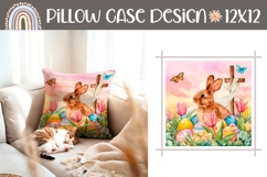 Cute Easter Bunny Pillow Case, Watercolor Tulips Pillow Product Image 1