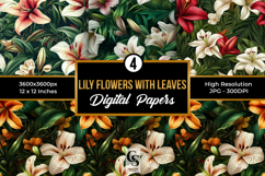 Lily Flowers with Green Leaves Digital Paper Product Image 1