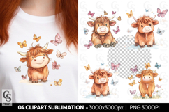 Highland Cow With Butterflies Clipart Sublimation PNG Product Image 1