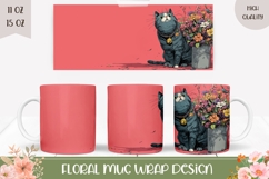 Cartoon Cat Mug Wrap, Flowers Mug Design, Grey Cat Mug Product Image 1