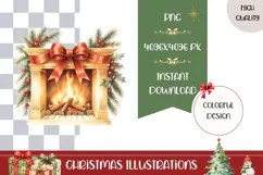 Cartoon Christmas Fireplace Illustration, Gold Christmas PNG Product Image 1