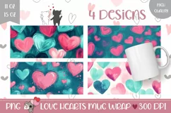 Pink Hearts Mug Designs, Watercolor Love Mug PNG Product Image 1