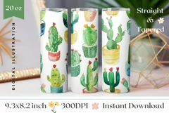 Cactus Tumbler Wrap, Watercolor Plants Tumbler Sublimation Product Image 1