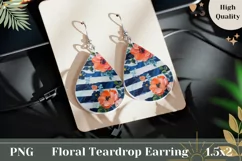 Floral Teardrop Earrings PNG, Blue Stripes Earrings Design Product Image 1
