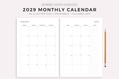 2029 Monthly Calendar on Two Pages with Notes, Printable Product Image 1