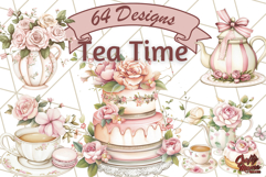 Pastel Tea Set Clip Art PNG with Sweets and Floral Accents Product Image 1