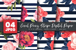 Coral Peony Stripe Digital Paper Product Image 1