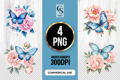 Blue Butterfly Peony Floral Clipart PNG Product Image 1