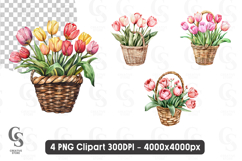 Basket of Tulip Flowers Watercolor Clipart Product Image 1