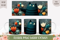 Cartoon Black Cat Mug Wrap, Floral Mug Template Product Image 1
