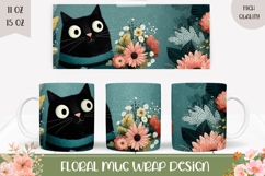 Funny Black Cat Mug Wrap, Floral Mug Template Product Image 1