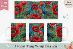 Peacock Mug Wrap, Poppy Mug Design, Flowers Mug PNG Product Image 1