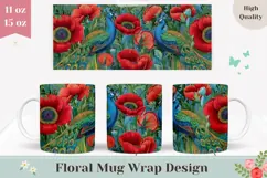 Peacock Mug Wrap, Poppy Mug Design, Flowers Mug PNG Product Image 1