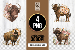 Watercolor Floral Buffalo Illustration Clipart PNG Product Image 1