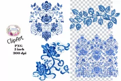 Embroidery, Flowers, Lace, Elements, Clipart, Blue, PNG Product Image 1
