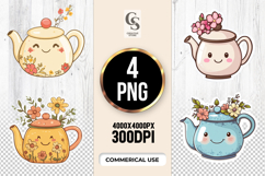 Kawaii Floral Teapot Cute Tea Clipart Sublimation PNG Product Image 1