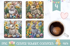 Stained Glass Bunny Square Coasters, Easter Sublimation PNG Product Image 1