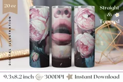 Pink Lips Tumbler Design, Floral Tumbler Sublimation PNG Product Image 1