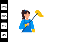 Cleaning woman holding mop in blue uniform minimal vector il Product Image 1