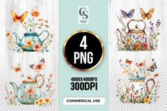Floral Teapot Butterfly Clipart Sublimation PNG Product Image 1
