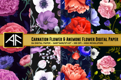 Carnation Flower &amp; Anemone Flower Digital Paper Product Image 1