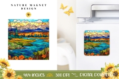 Stained Glass Nature Magnet PNG, Mountains Magnet Design Product Image 1