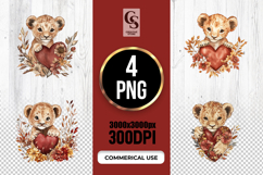 Baby Lion Holding Heart Watercolor Clipart PNG Product Image 1