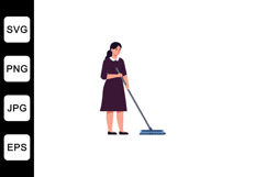 Woman cleaning with a broom in a flat minimal vector illustr Product Image 1